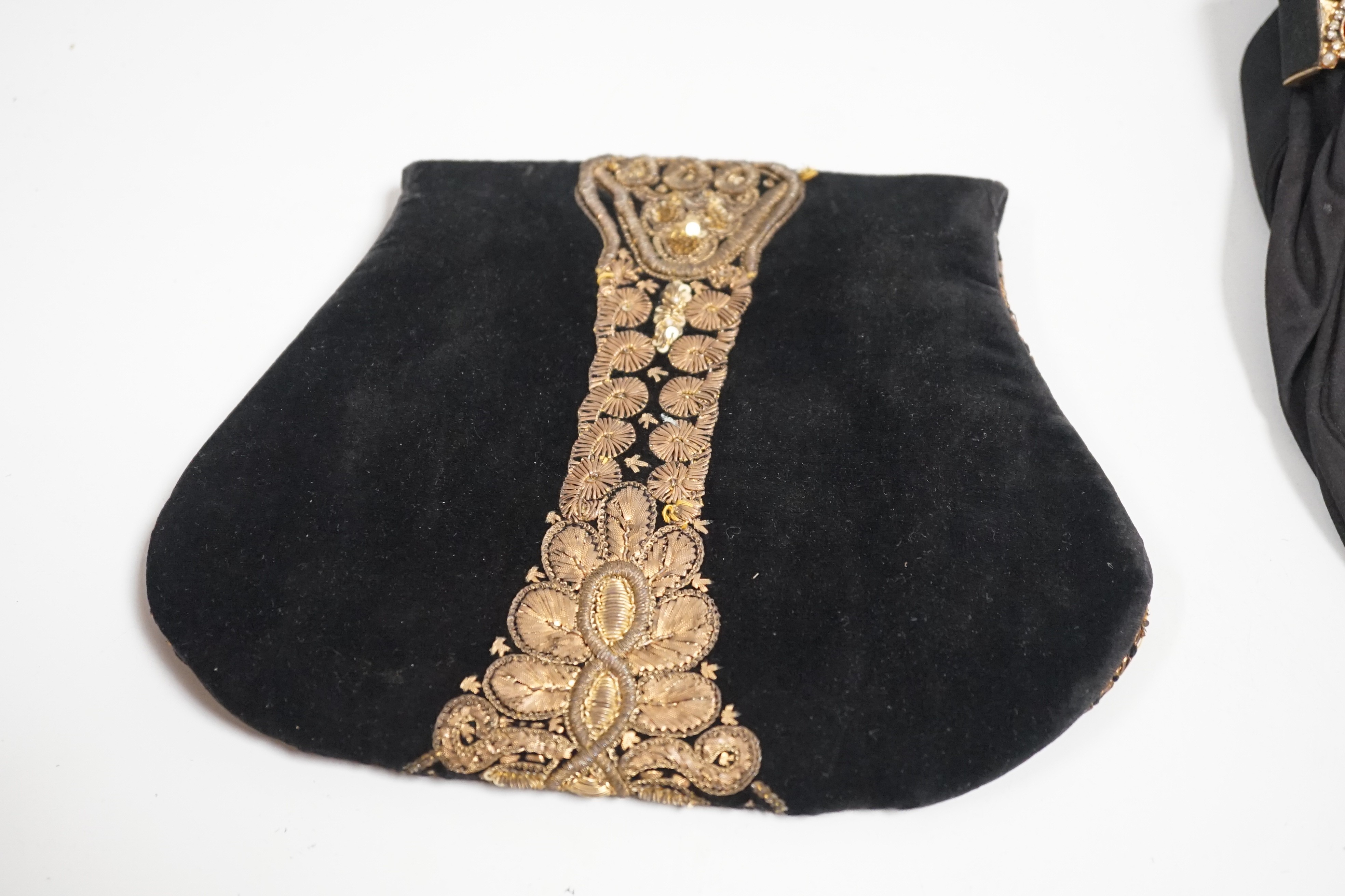 A 1930’s evening bag with silver frame, seven 1930’s-40’s evening bags with diamante encrusted Bakelite frames and clasps, a costume jewelled bag and two gilt and sequin bags